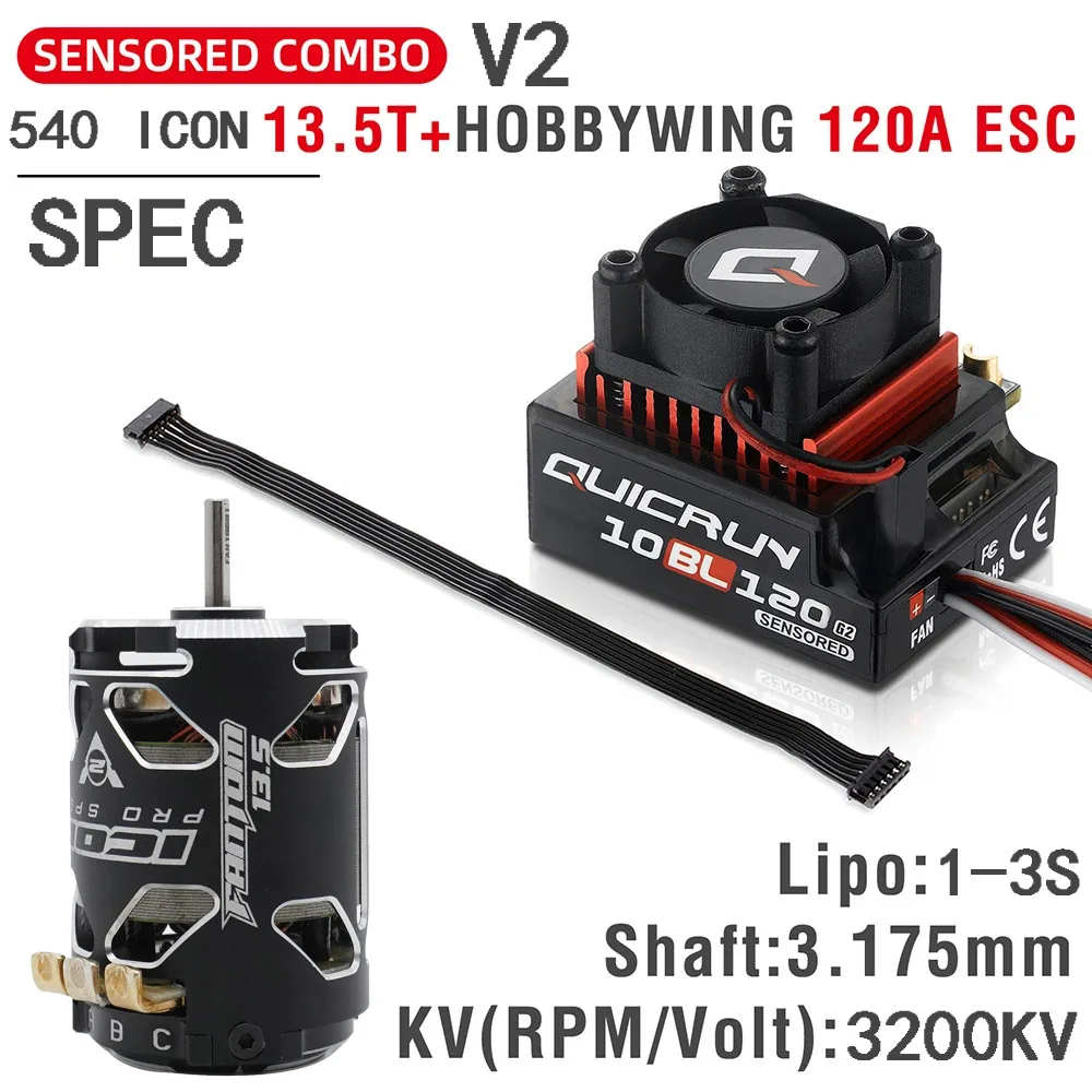 Hobbywing 10BL G2 120A ESC w/ 540 ICON V2 SPEC 13.5T 17.5T 21.5T Motor 2-3S Lipo Sensored Brushless Combo for 1/10 Drift RC Car