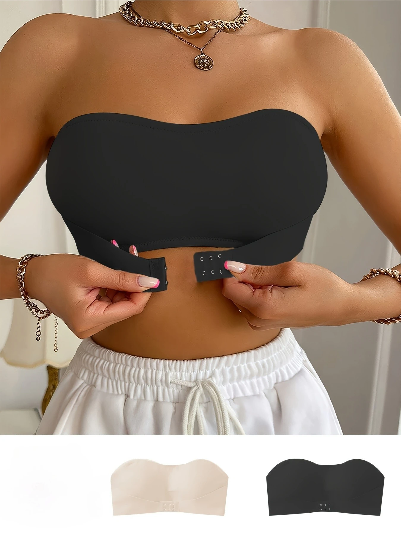 

Женский бесшовный бюстгальтер без бретелек — удобный утолщенный дизайн без стали, доступен в черно-белом цвете.