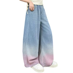 Teenage Cowgirl Wide-Leg Jeans Kids Girls Gradient Color Denim Pants Children Outerwear Long Trousers Girl Clothing 5-14 Years