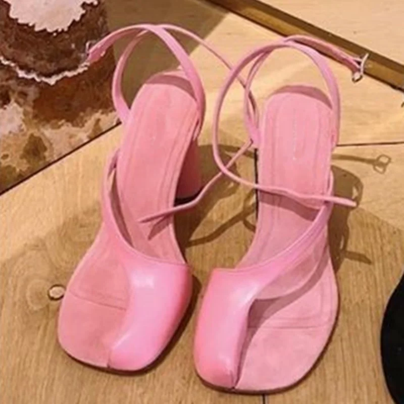 

Half Toe Clip Toe Split Toe Chunky Heel Sandals Women Summer New Sexy Fashion Show Round High Heel Buckle Strap Sandals
