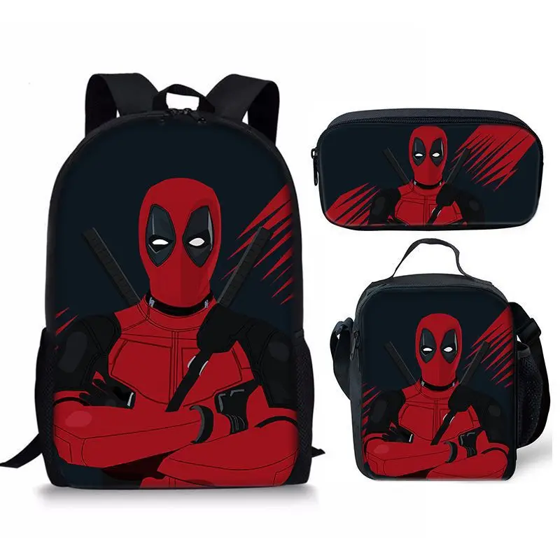 New 3pcs Set Deadpools School Bags Super Heroes Child Backpack School With Lunch Bags Pencil Bags Gift Learning Stationery Gift