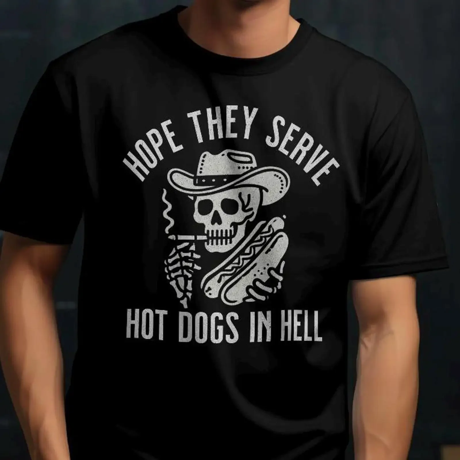 T-shirt « J'espère qu'il y a des hot-dogs dans l'enfer » – Drôle, vintage, délavé, unisexe, extensible, homme, graphique élégant, respirant
