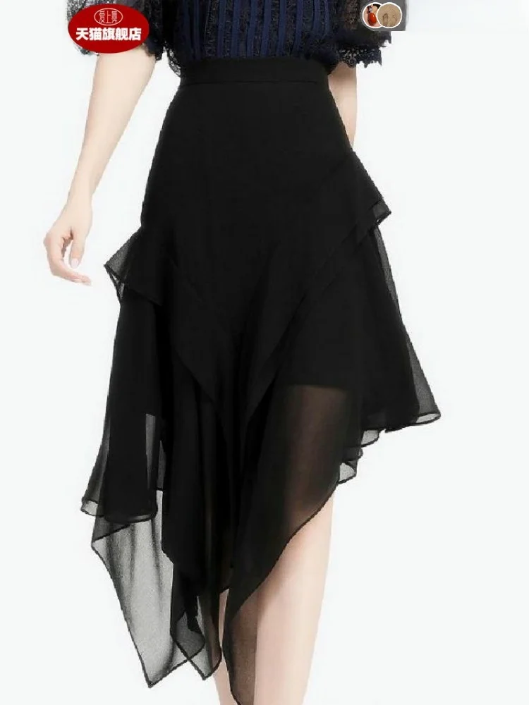 Summer Slimming High Waist Black Chiffon Midi Skirt Women\'s Asymmetrical Draped Waist-Cinching Thin Fabric Skirts