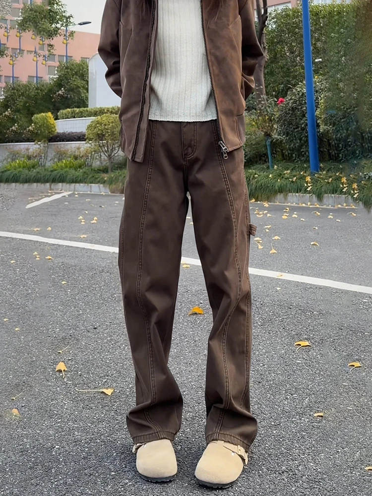 

Khaki American Sle Work Pants Men Women Autumn Winter Fce Patchwork Logging Trousers Flared Casual Pants Straight Leg