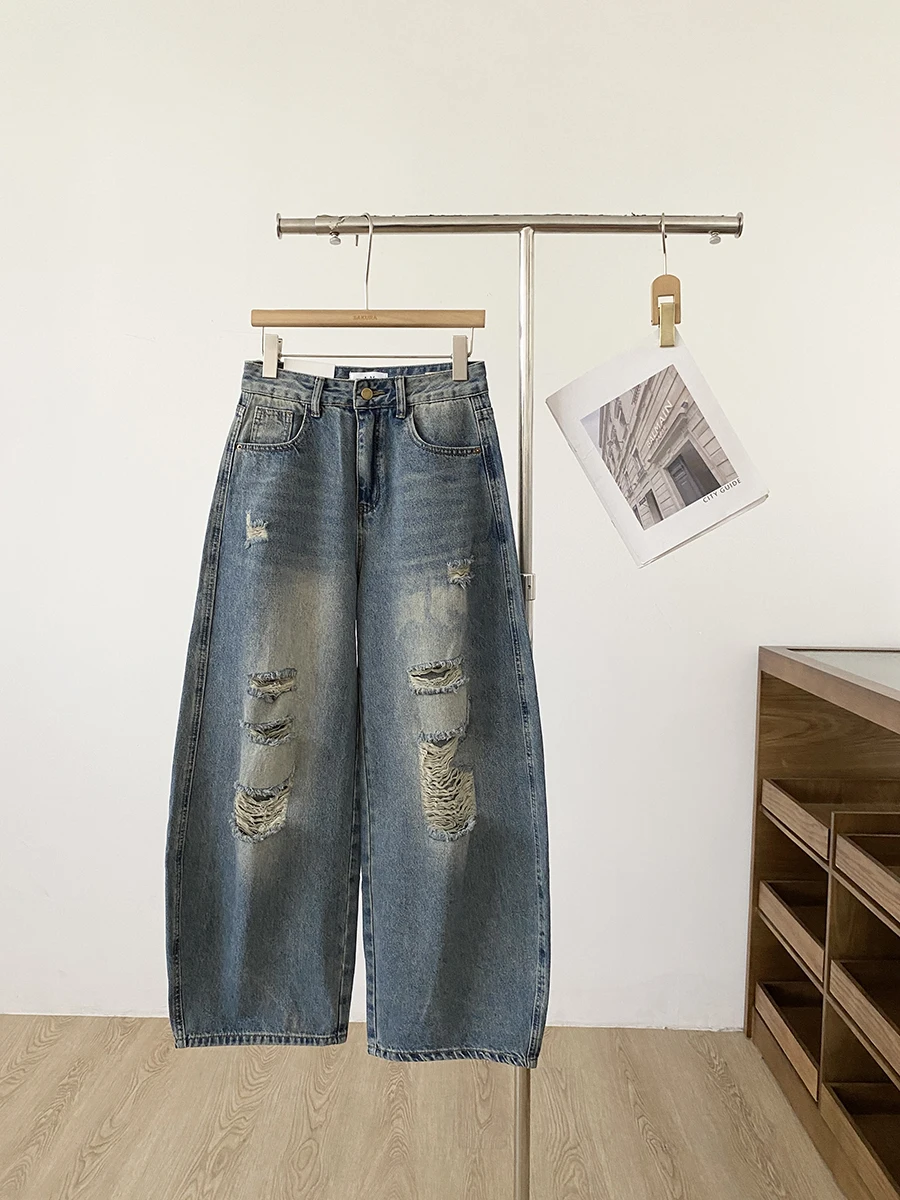 

Retro American Design High Waist Wide Leg Jeans Women's Trendy Hole Punching Denim Pants Spring 2026 Commute Style Pure Color