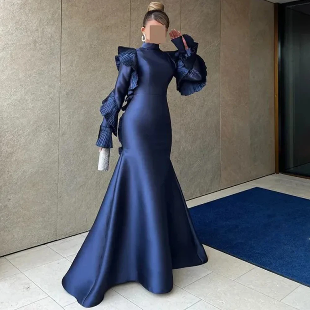 Navy Blue Classic Mermaid Evening Dress High Neck Muslim Long Sleeves with Ruffles Women Floor Length Satin Customized Gowns