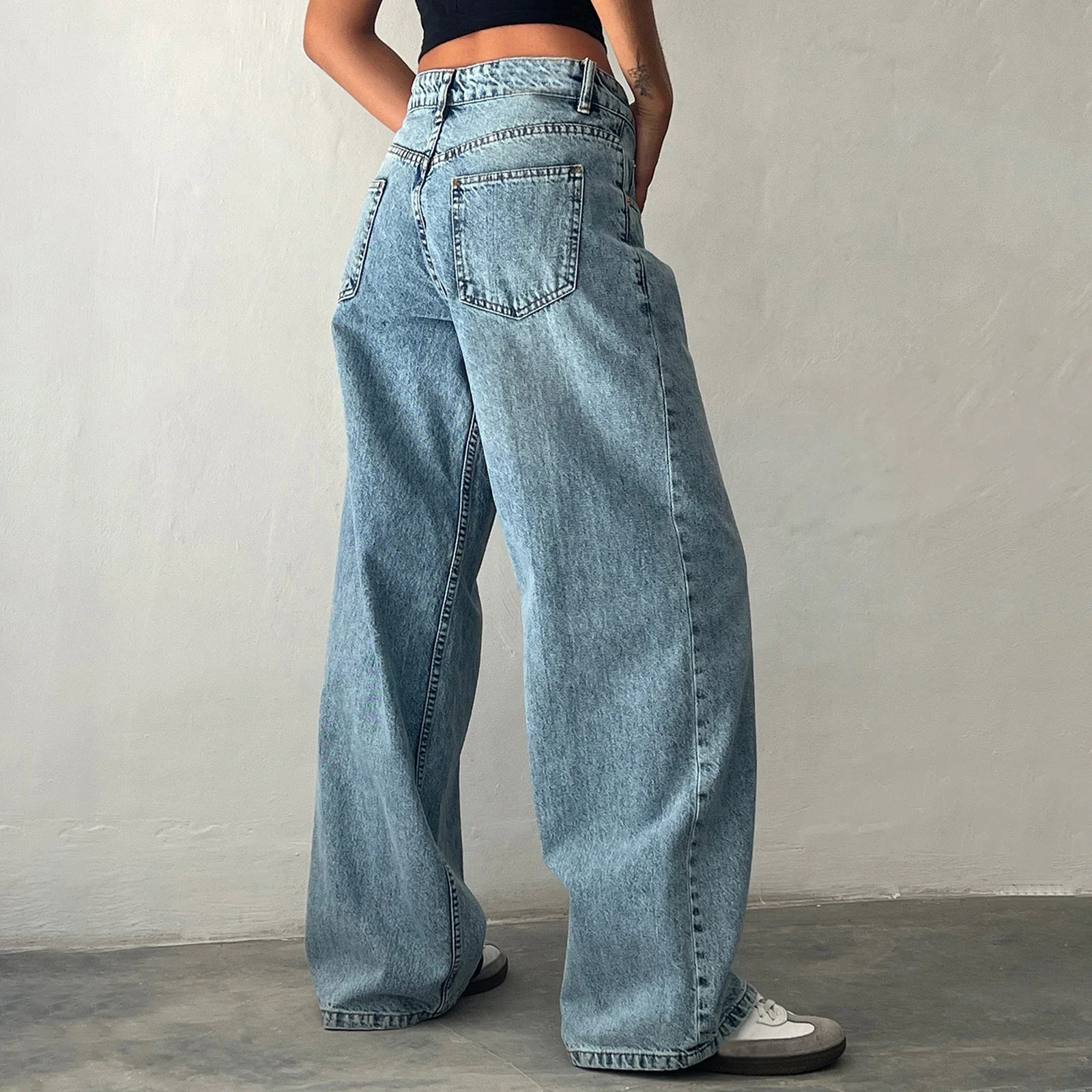 Y2K Jeans larghi da donna Pantaloni alla moda Vita bassa Casual Gamba dritta Jeans da fidanzato Pantaloni in denim con tasca Streetwear 2025