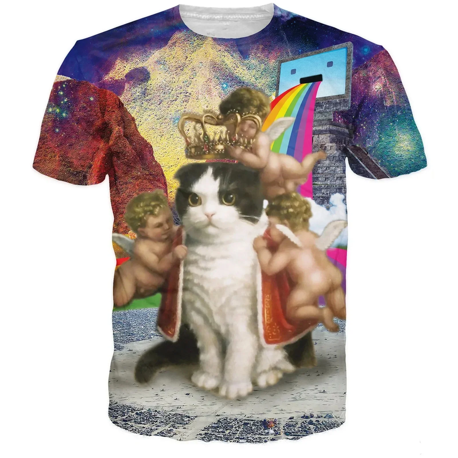 Fashionable Funny Kitty  Pictures For Men\'s T-Shirts Trend Digital Printing Casual Round Neck Short Sleeved Tops