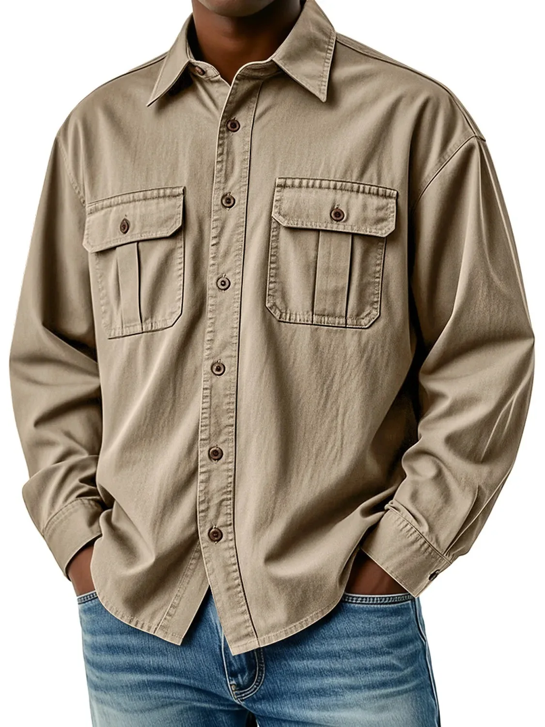 Men's Retro Pocket Workwear Long-Sleeved Shirt Loose-Fitting Casual Solid Color Collar Versatile for All Occasions 2026 Style