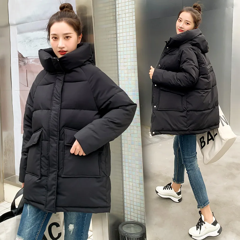 Middle-Length Winter Jacket 2024 New Korean Down Cotton Coat Women\'s Casual Loose Puffer Parkas Female Warm Hooded Outwear Coats