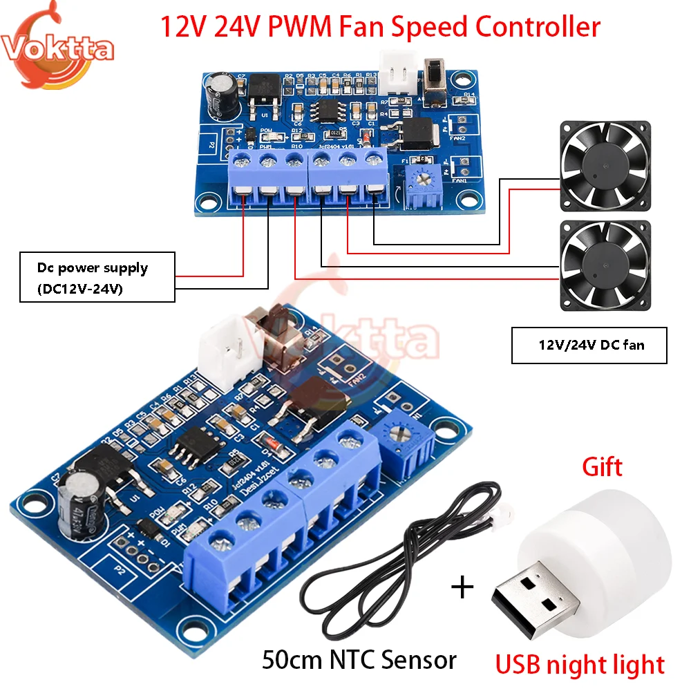 تيار مستمر 12 فولت 24 فولت 2 قناة PWM وحدة تحكم في سرعة المروحة 2/3/4 سلك سرعة المروحة محافظ وحدة الحد من الضوضاء NTC التحكم في مستشعر درجة الحرارة