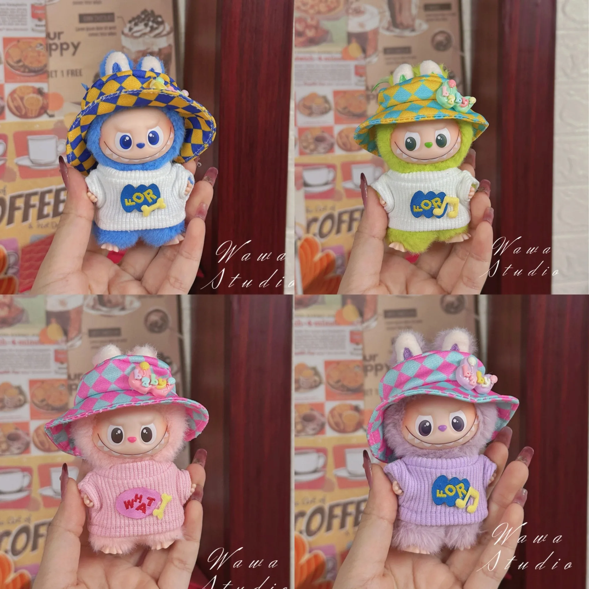 

4th Gen Mini Labubu Heart Code Series Musical Note Outfit, Stretch Shirt & Plaid Fisherman Hat Set for 10cm Vinyl Doll Clothing