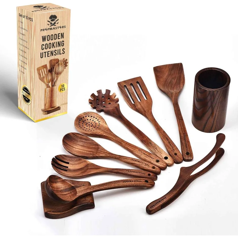 

10 pcs natural teak wooden spoons for cooking, kitchen utensil set with spoon rest – nonstick & safe cooking tools – comfortable