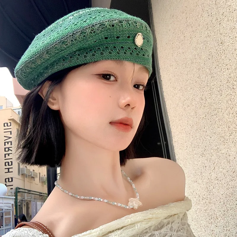 Vintage hollow mint green beret women's summer thin breathable face small bud hat big head circumference painter hat