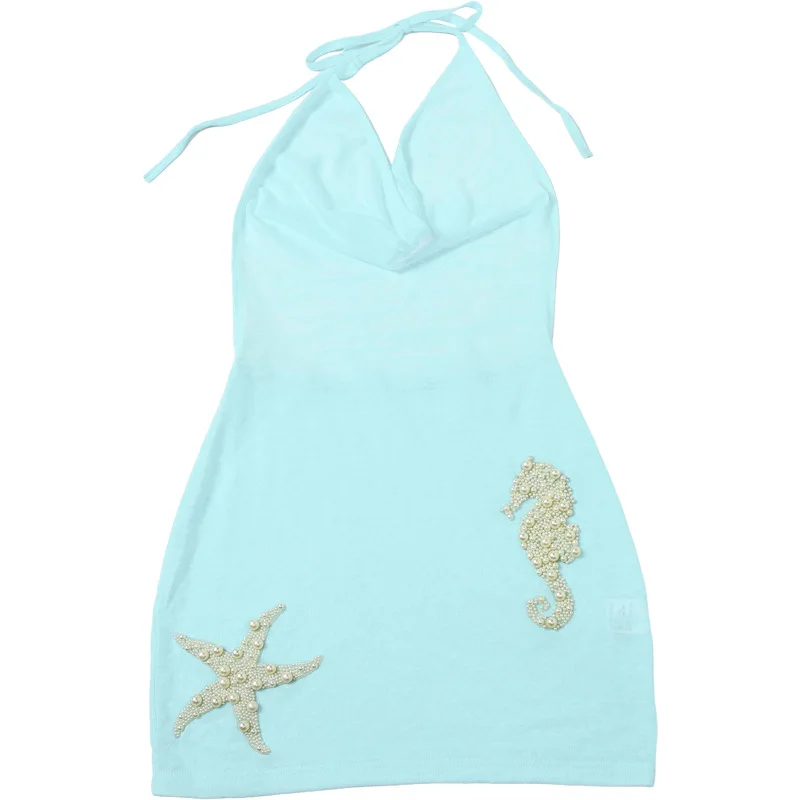 Robe de bal pour femmes, bleu clair, perles, Sexy, col licou, sans manches, dos nu, décontractée, plage, vacances, étoile de mer, hippocampe, Robe de soirée