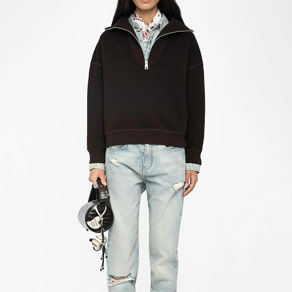 روان BB 5W361 المرأة كم طويل نصف سستة البلوز رسالة التطريز الساخن الماس بلوزات عادية ريترو خمر فام