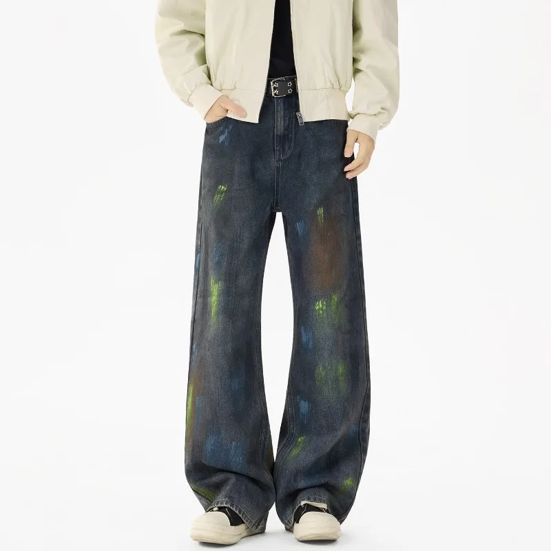 

Trendy American Style Men's Jeans High End Washed Graffiti Denim Long Pants Loose Straight Casual Versatile Trousers