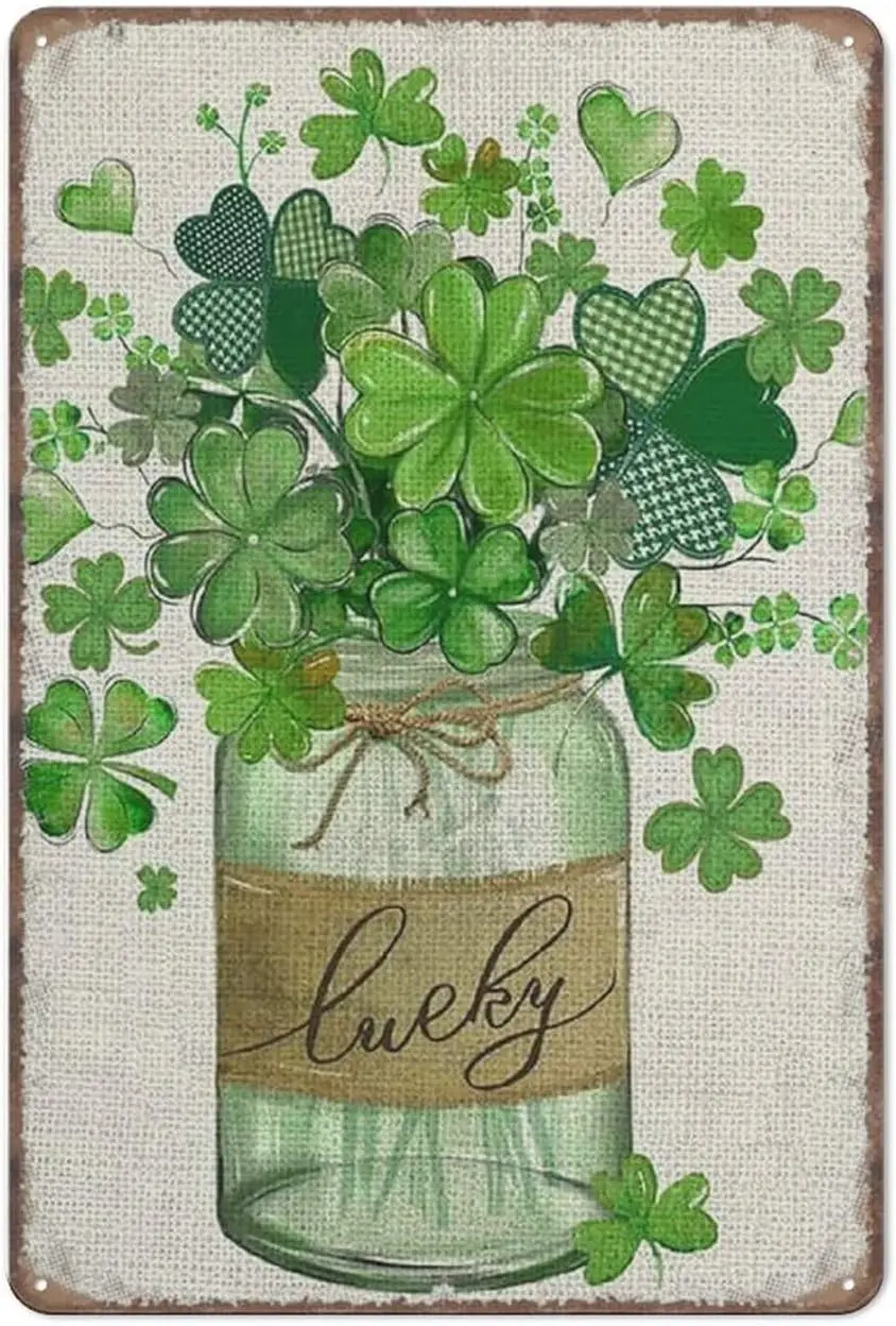 Funny Green Shamrocks Clovers Lucky Irish Tin Sign for Home Room Yard Garden Vintage St Patricks Day Metal Poster Wall Art Learn