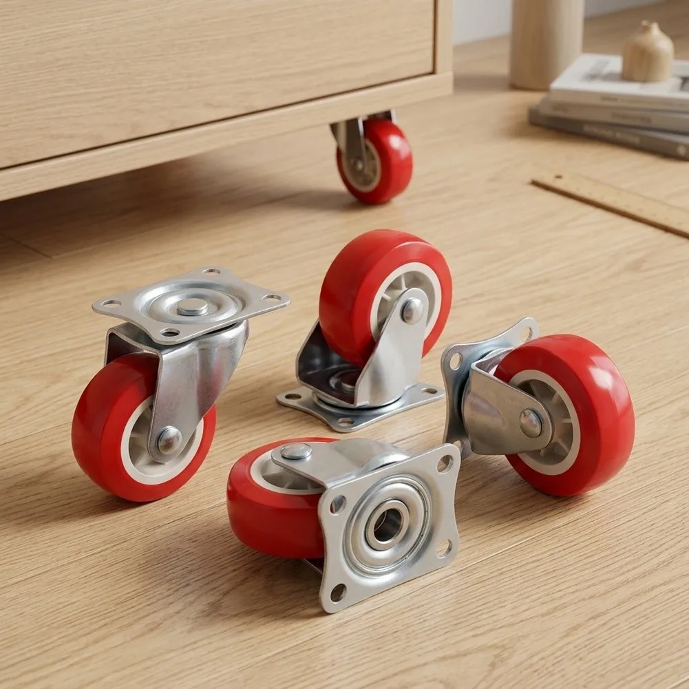 25mm Silent Multi-directional Wheels With Brake PVC Industrial Castor Wheel Furniture Wheels Caster Replacement Roller Red