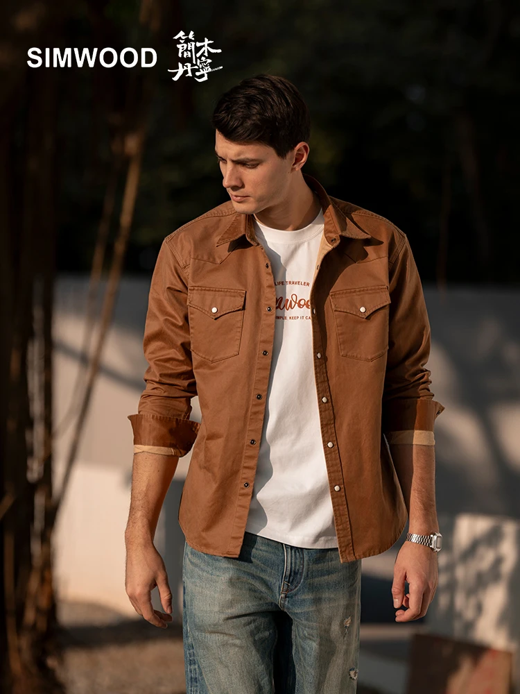 

SIMWOOD Высокостандартные рубашки оверсайз, новинка весны 202, 7,7 унций, восковые ферментные рубашки из стираной ткани, мужские рубашки в стиле вестерн с нагрудными карманами, большие размеры
