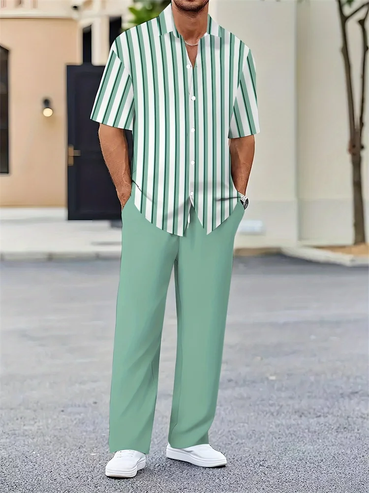 

2025 Autumn Simple Striped Men's Casual Shirt 2pcs Set, Urban Street Market Trendy Men's Shirts And Trousers, Simple And Casual