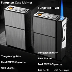 Can Hold 20 New Metal Cigarette Case Flashlight USB Lighter Windproof Jet Rechargeable Gas Lighter Men's Gadget