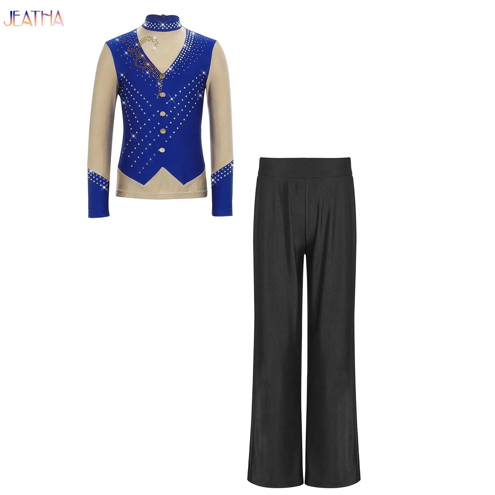 

Kids Boys Shiny Rhinestones Figure Ice Skating Dance Outfit Long Sleeve Top Pants Suit for Gymnastics Performance Competition