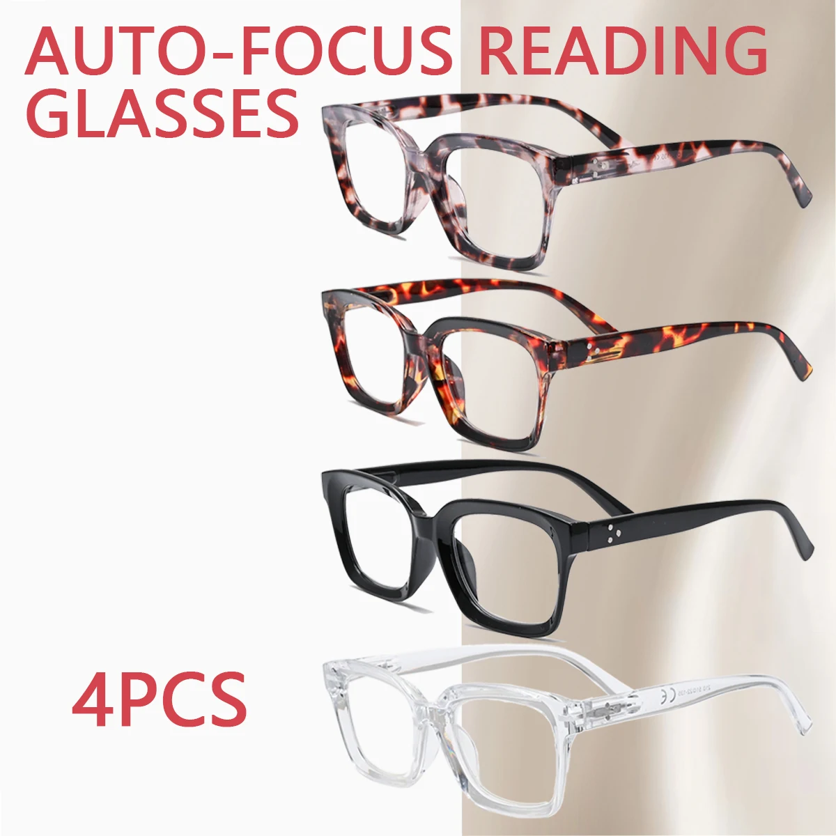4 個のオートフォーカス老眼メガネ - 大きな厚いフレームの青色光遮断メガネ、スクエアデザイン、男性と女性に最適