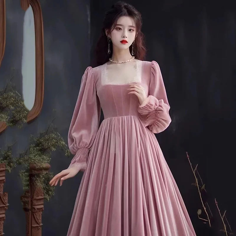 Fashion Korea Pink Velvet Dress Women Spring 2024New Vintage Young Super Immortal Long Dresses Elegant Luxury Party Vestidos Y2K