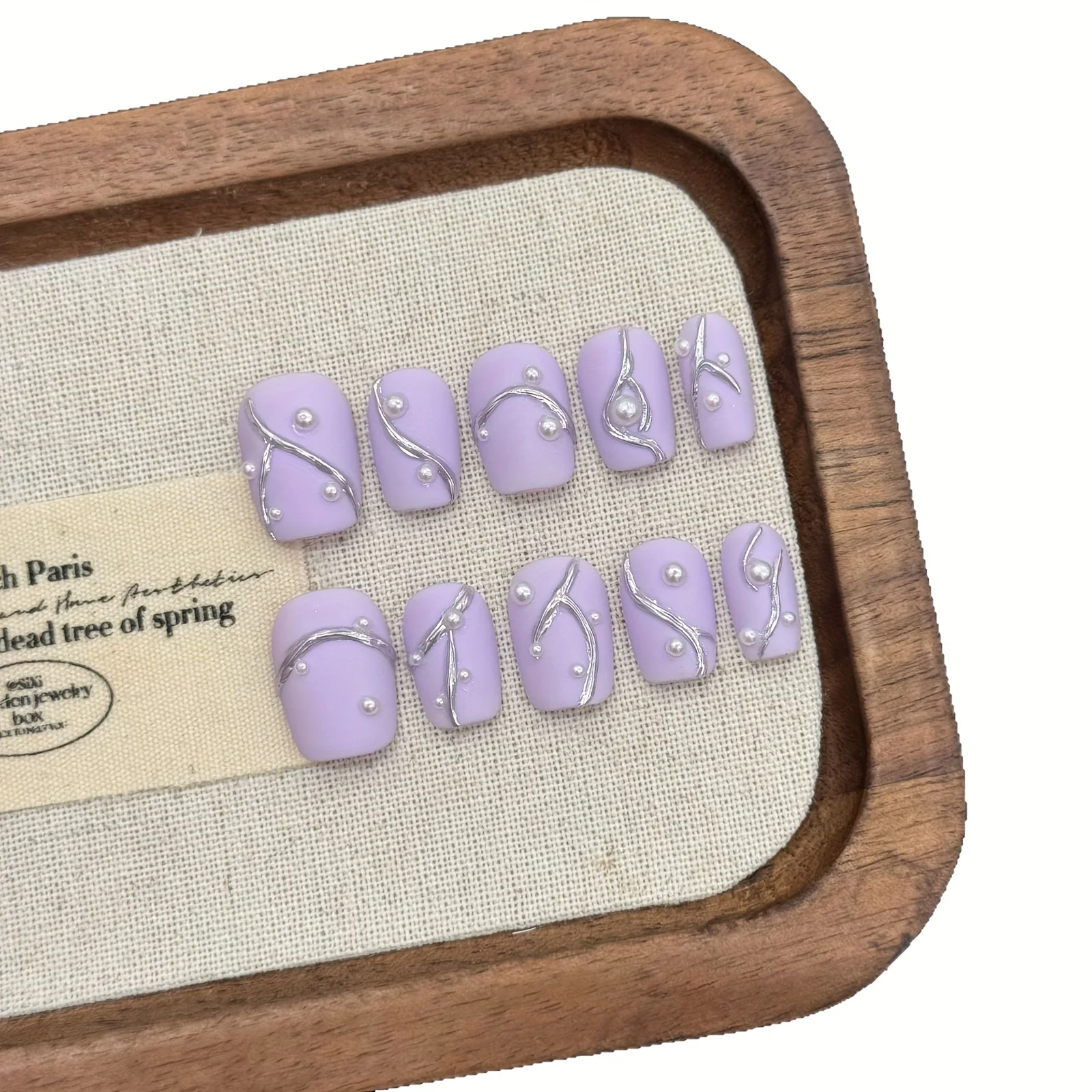 10 pièces à la main presse sur ongles vernis violet 3D doré argent perle faux ongles pour femmes et filles détachable portable faux ongles