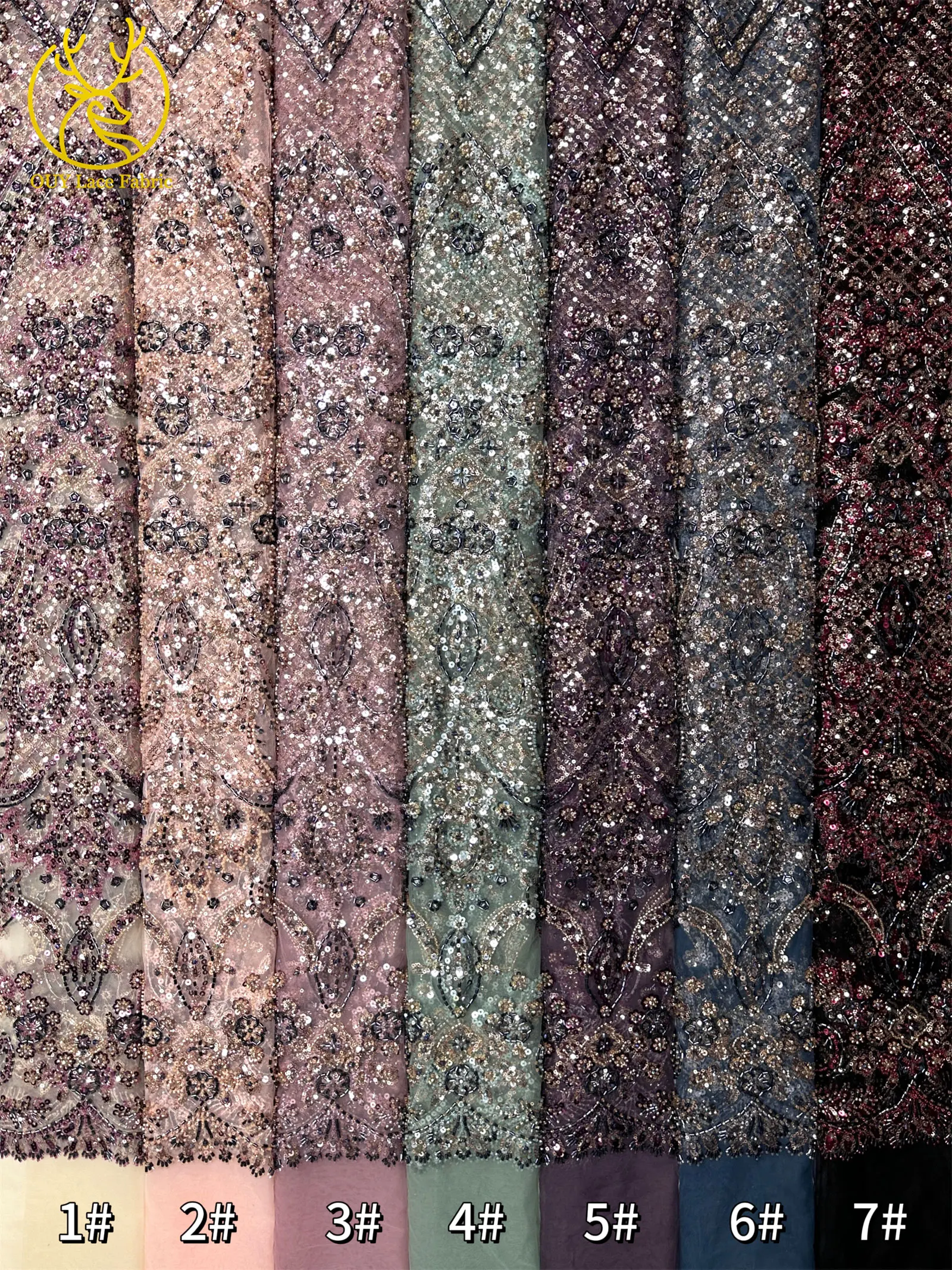 Pfirsichfarbener, hochwertiger, eleganter afrikanischer Brautkleidstoff mit Stickerei und Perlen, 2026 Nigerianische Pailletten-Spitze für Abendkleider und Hochzeitskleider zum Nähen – Detail 24