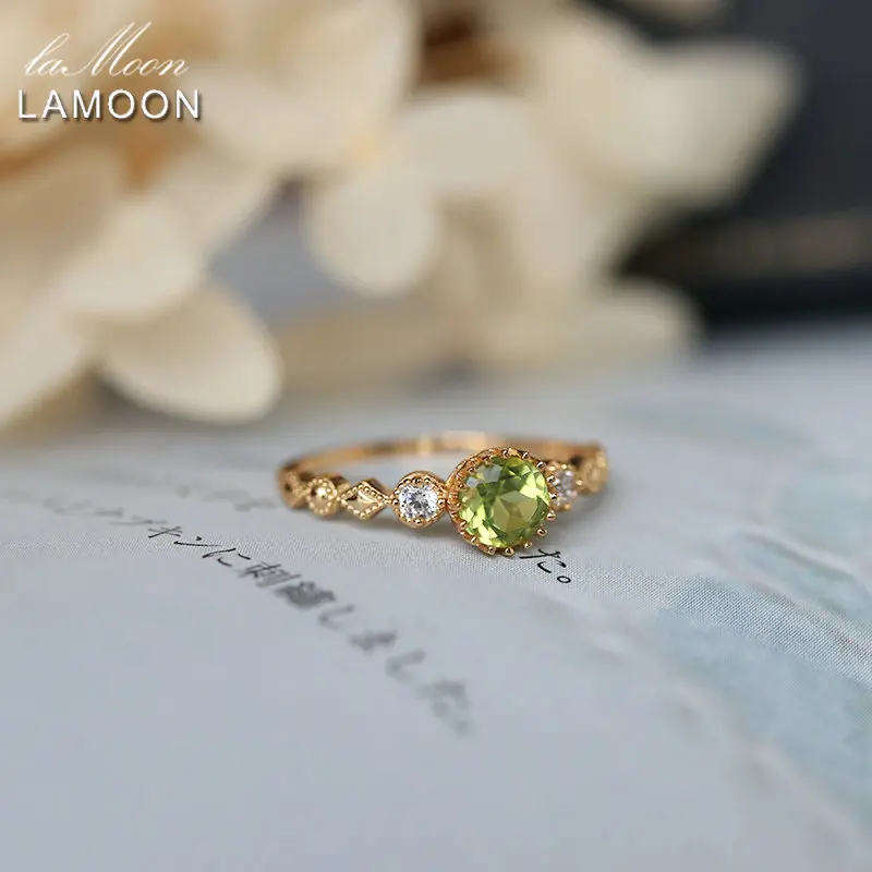 

LAMOON Natural Stone Peridot Ring For Women Gemstone Ring 925 Sterling Silver Gold Vermeil Jewelry Korea Thin Ring Gift RI074