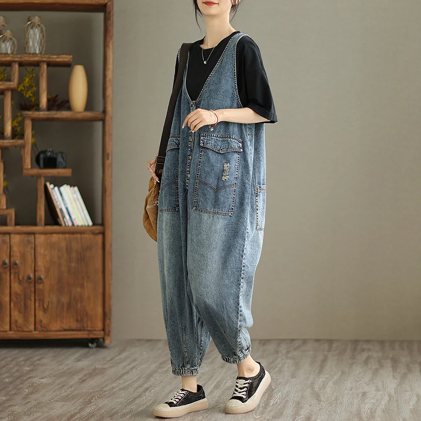 619 Spring Summer Fashion Women's Solid Color High Quality Jeans Female Vintage Casual Loose Multi Pockets Overalls Denim Pants