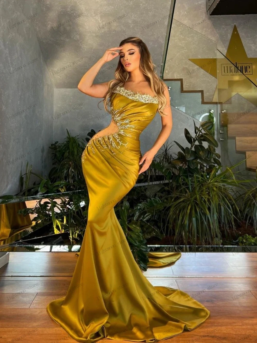 

Exquisite Evening Dresses Satin Prom Dress Sequin Appliques Off The Shoulder Robes For Formal Party Glamorous Vestidos De Gala