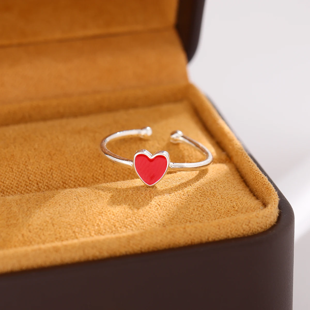 Women's 925 Sterling Silver Red Enamel Love Peach Heart Opening Ring