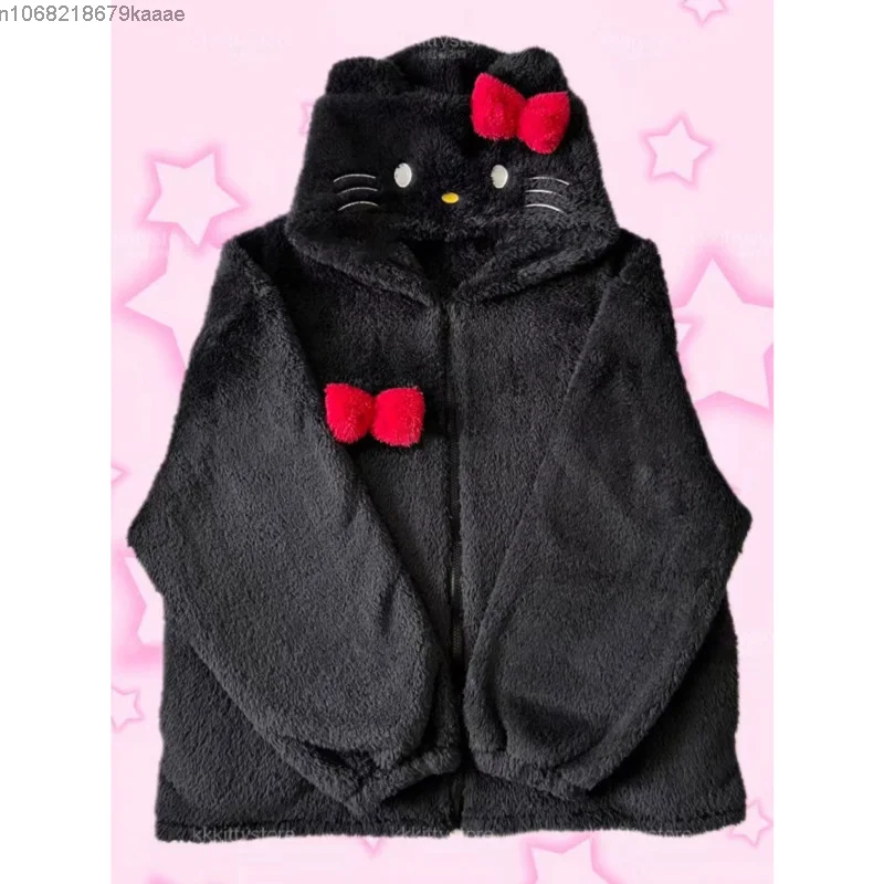 Cartoon Hello Kitty Coral Velvet Sleepwear Women Winter New Hooded Thickened Pajamas Sweet Fashion Home Clothes Two Piece Set