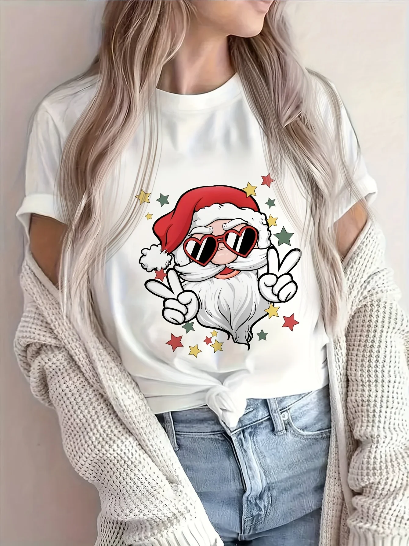 Women's Casual Santa Claus Pattern Print Round Neck Suitable for Dinner with Friends and Christmas Outfits Seasonal Fashion