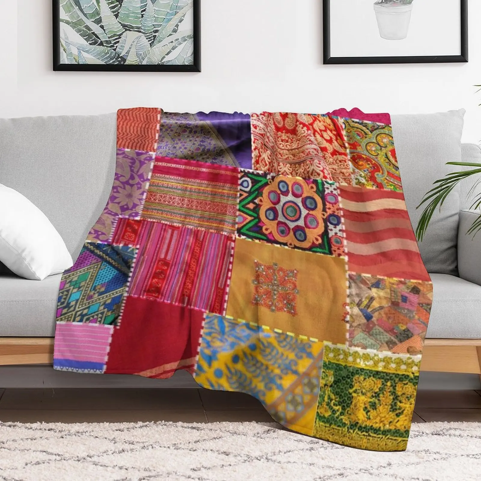 Boho Art Sari Patchwork Quilt Throw Blanket Cute Plaid Warm Blankets