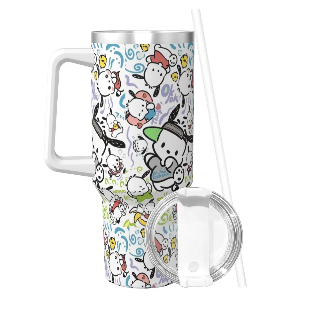 Stainless Steel Tumbler Pochacco Cartoon Dog Cute Car Mugs With Straws Travel Cold Drink Water Bottle Keep Heat 40oz Coffee Mug