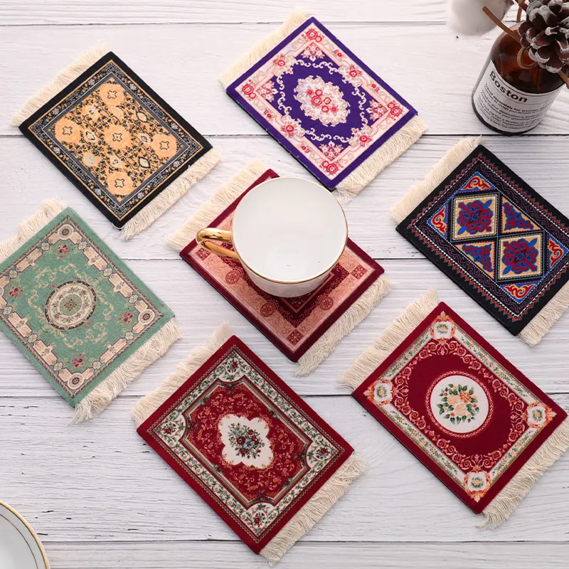 Persian Mini Woven Rug Mat Mousepad Retro Style Carpet Pattern Cup  laptop PC Mouse Pad with Fring Home Office Table Decor Craft