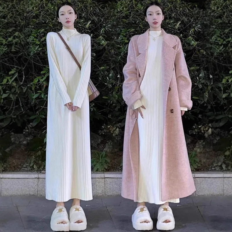 Novo casaco com camada de base, outono e inverno grosso reto gola alta vestido de pele longa, vestido de malha solta feminino elegante