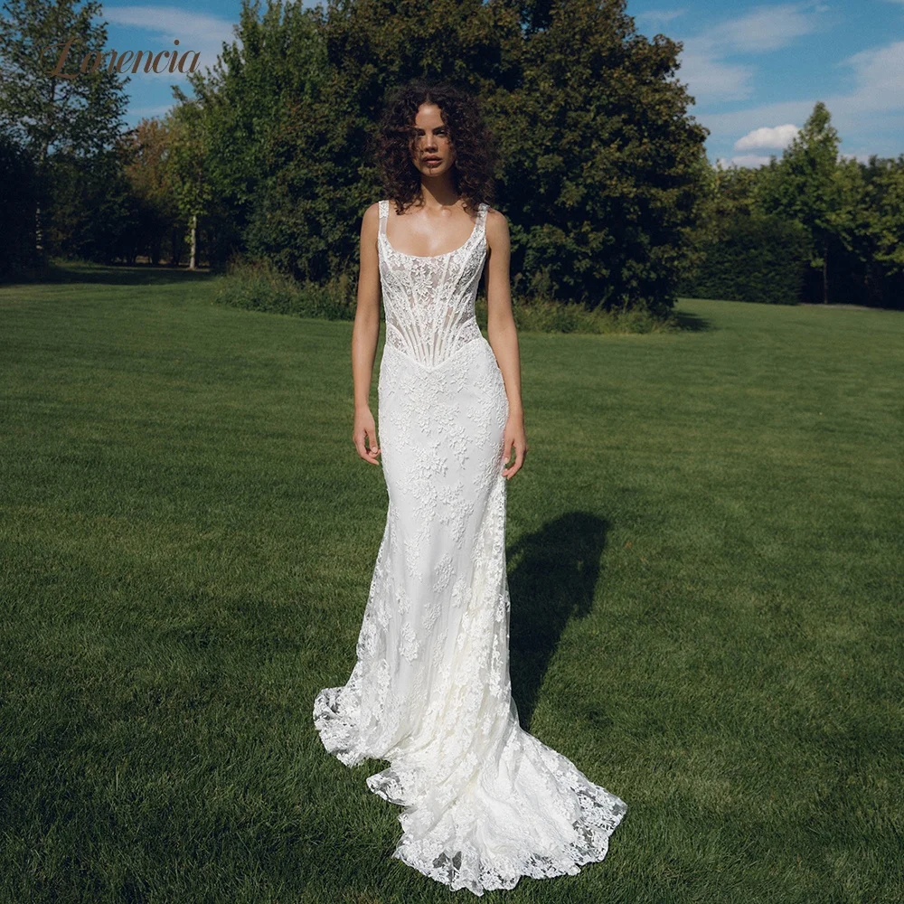 Lorencia Classic Scoop Lace Mermaid Wedding Dresses Sleeveless Boned Basque Fit Flare Bridal Gowns Customized Open Back