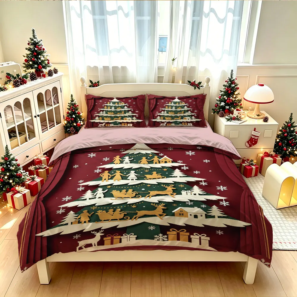 Christmas Duvet Cover Set 3Pcs 3D Paper Cut Xmas Tree Animals Print Soft Microfiber Bedding with Pillowcases