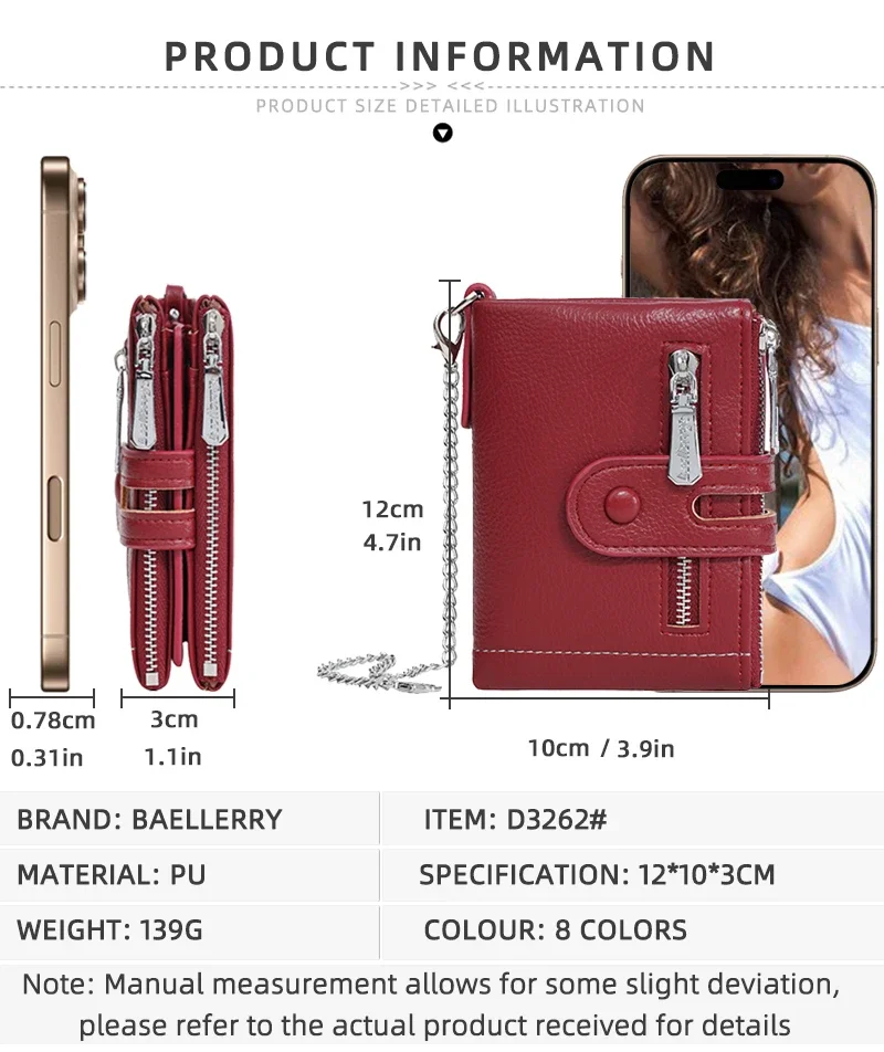 Baellerry Neue Damen-Geldbörsen mit großem Fassungsvermögen, Namengravur, kurzer Kartenhalter, Damen-Geldbörse, Doppelreißverschluss, Münztasche, Geldbörsen für Mädchen – Detail 7
