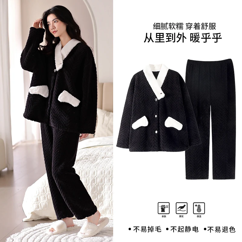 Winter Thick Warm Women Flannel Pajamas Set Solid V-Neck Long Sleeve Female Homewear