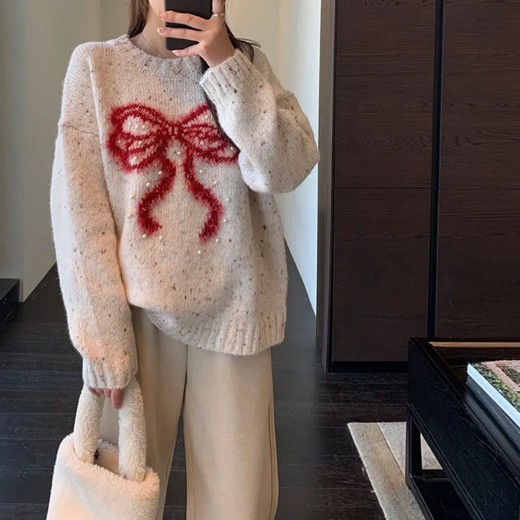 

Женский пуловер для похудения, красный свитер, праздничная атмосфера, ленивый веер, жаккардовый дизайн на осень-зиму F122601