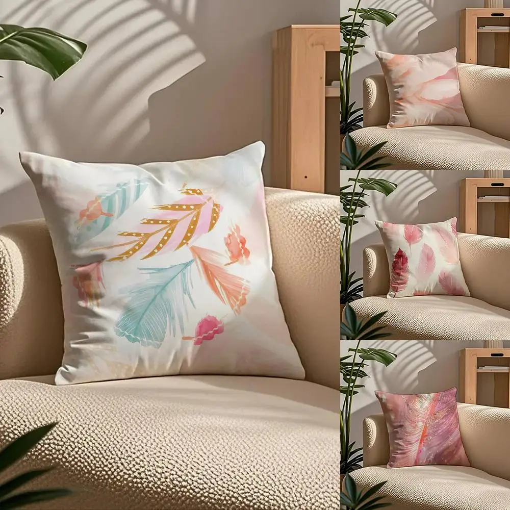 

Luxury Pink Feather Print Pillow Case Comfort Sofa Bed Silky elegant Invisible zipper Custom Decorative cushion cover