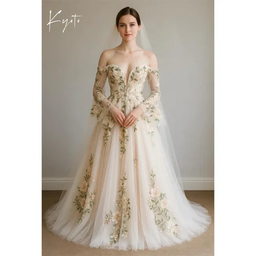 Kyoto-vestido de novia personalizado sin mangas con bordado de flores, escote en forma de corazón con cordones en la espalda, largo hasta el suelo