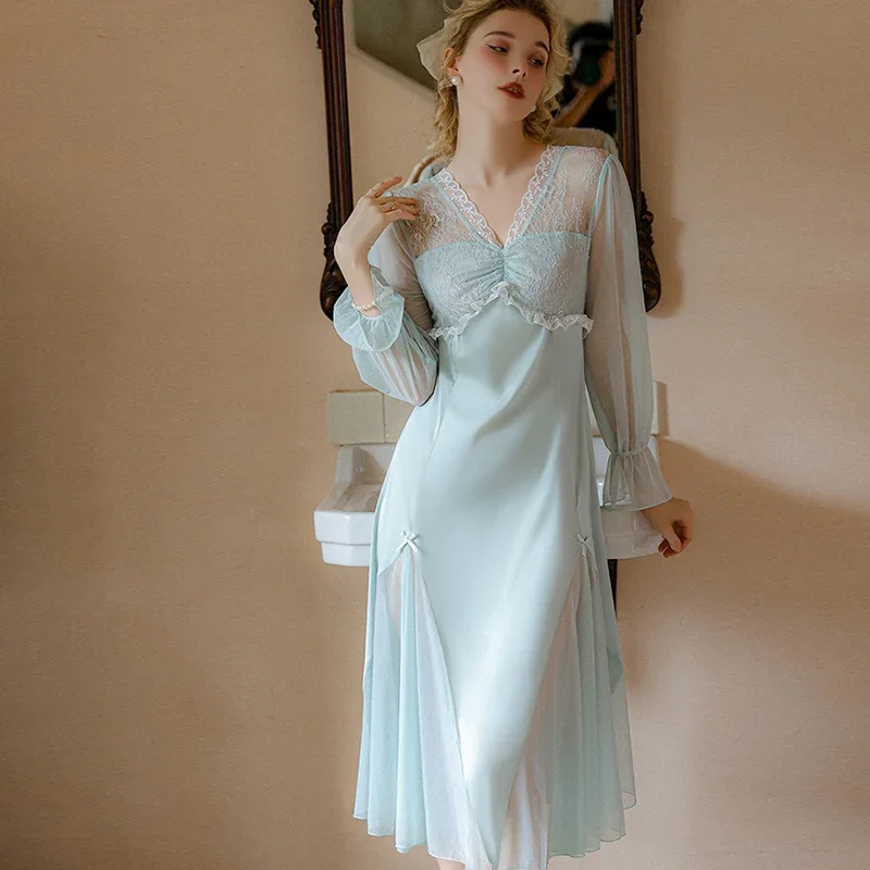 MECHCITIZ New Silk Nightgown Sleepwear Dress Lady Summer Sleepshirt Long Sleeve Nightdress Loose Women Princess Satin Pajamas