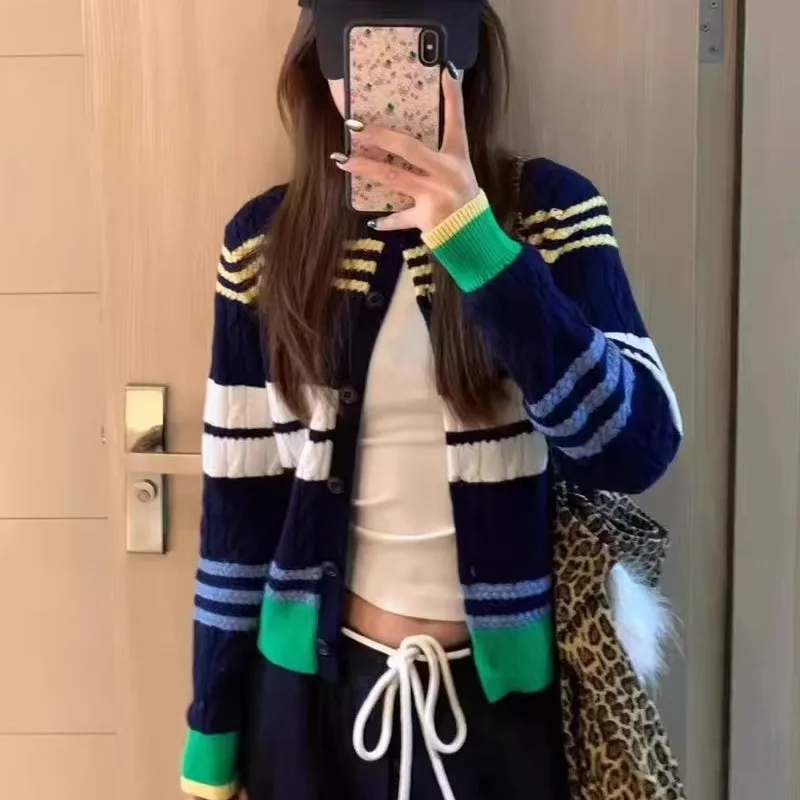 

Autumn Winter New Korean-style Striped Patchwork Knit Cardigan Women Clothing Fashion All-match O-neck Long Sleeve Sweaters Tops